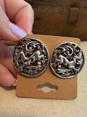 Silver-Tone Deer Medallion Clip Earrings